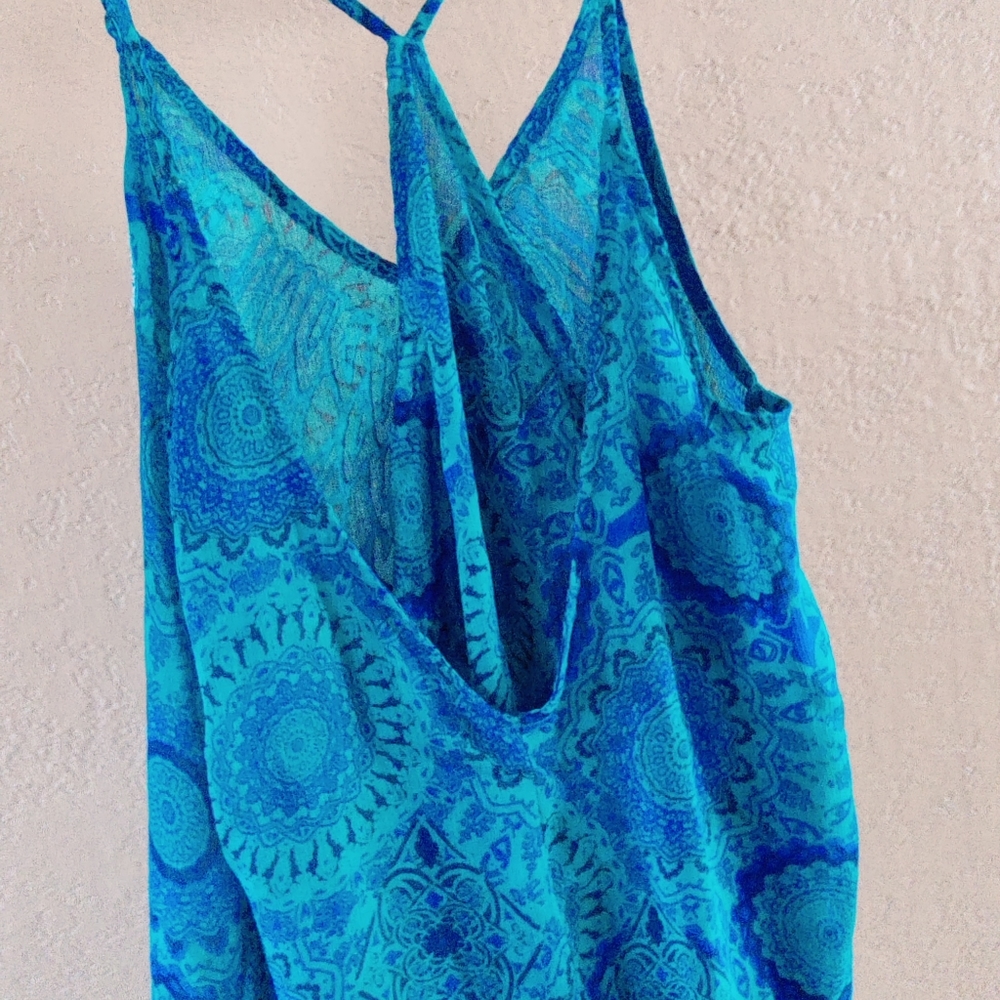 Sheer-teal, mandala beaded  feather blouse tank.